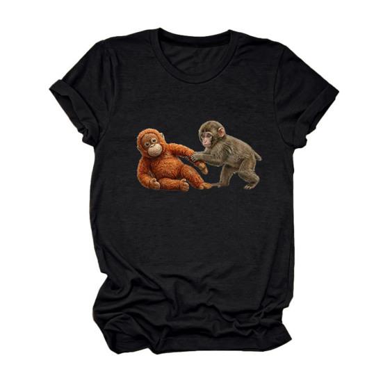 

Tee Shirt Round Neck Short Pattern Pullover Tops Sleeve Monkey Loose Fit Casual T-shirt Work Party S чёрный
