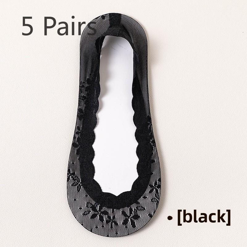 

5 пар женских носков-лодочек, летние тонкие, невидимые, с неглубоким носком, впитывающие пот, нескользящие, с кружевными вставками 5 Pairs чёрный