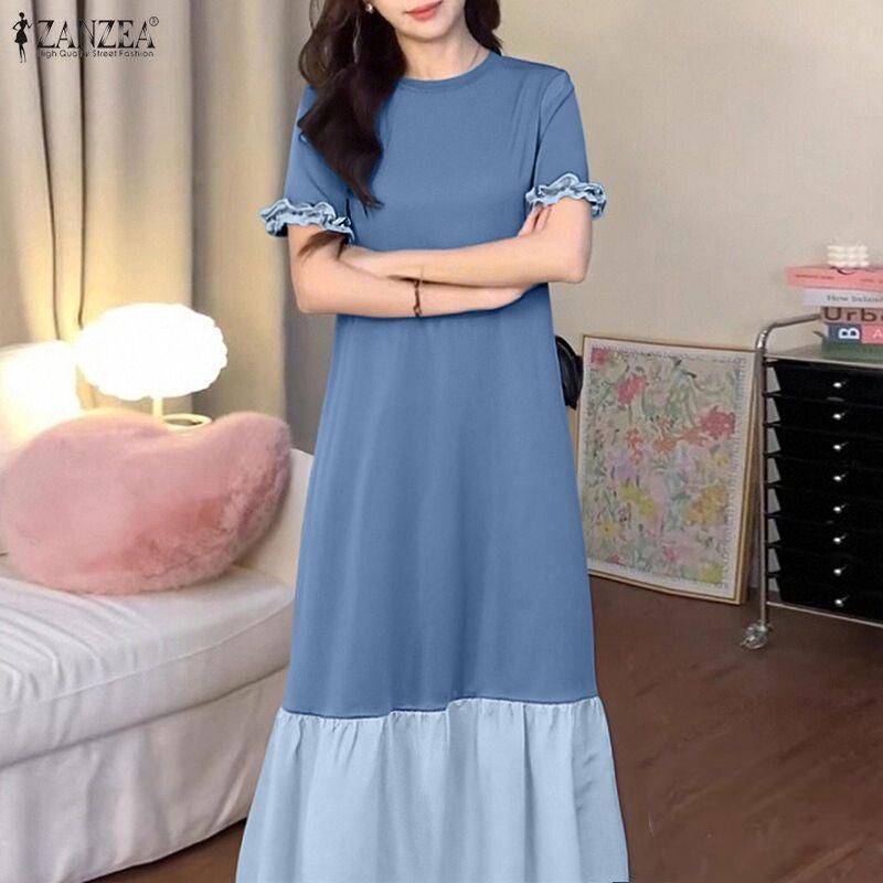 ZANZEA Women Casual Round Neck Summer Short Sleeve Splice Long Dress