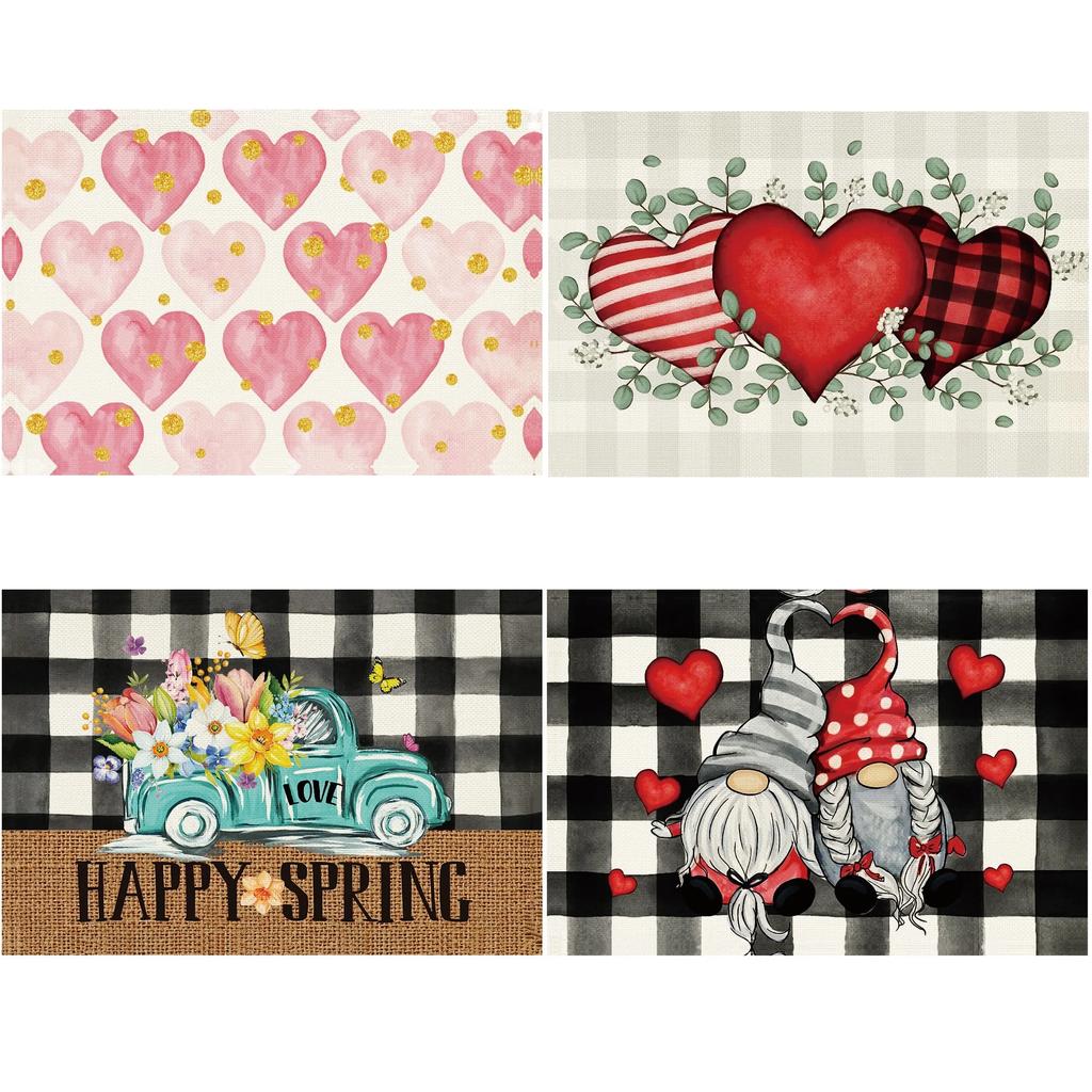 1PC Placemats Square Love Heart Buffalo Plaid Gnome Pattern Table Pads Happy Valentine's Day Theme Romantic Table Decoration