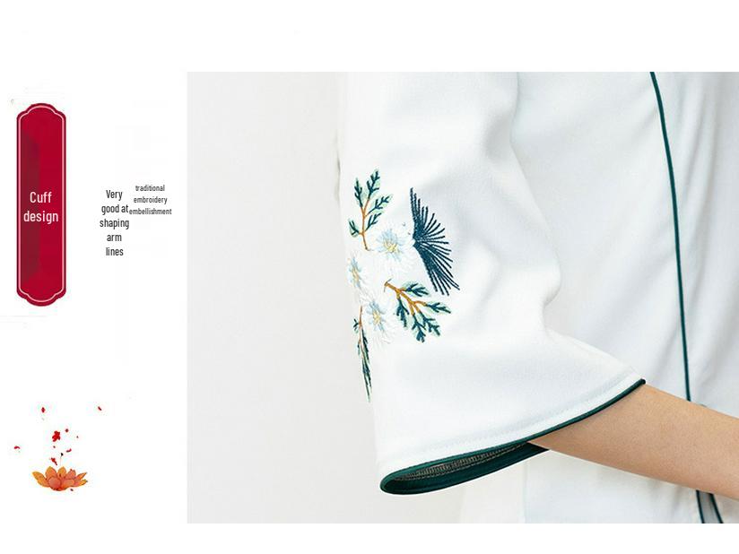 Women's Ethnic Zen Tea Art Embroidered Dress - Vintage Pan Buckle Top with Midi Skirt and Seven-Sleeve Design for Spring/Summer