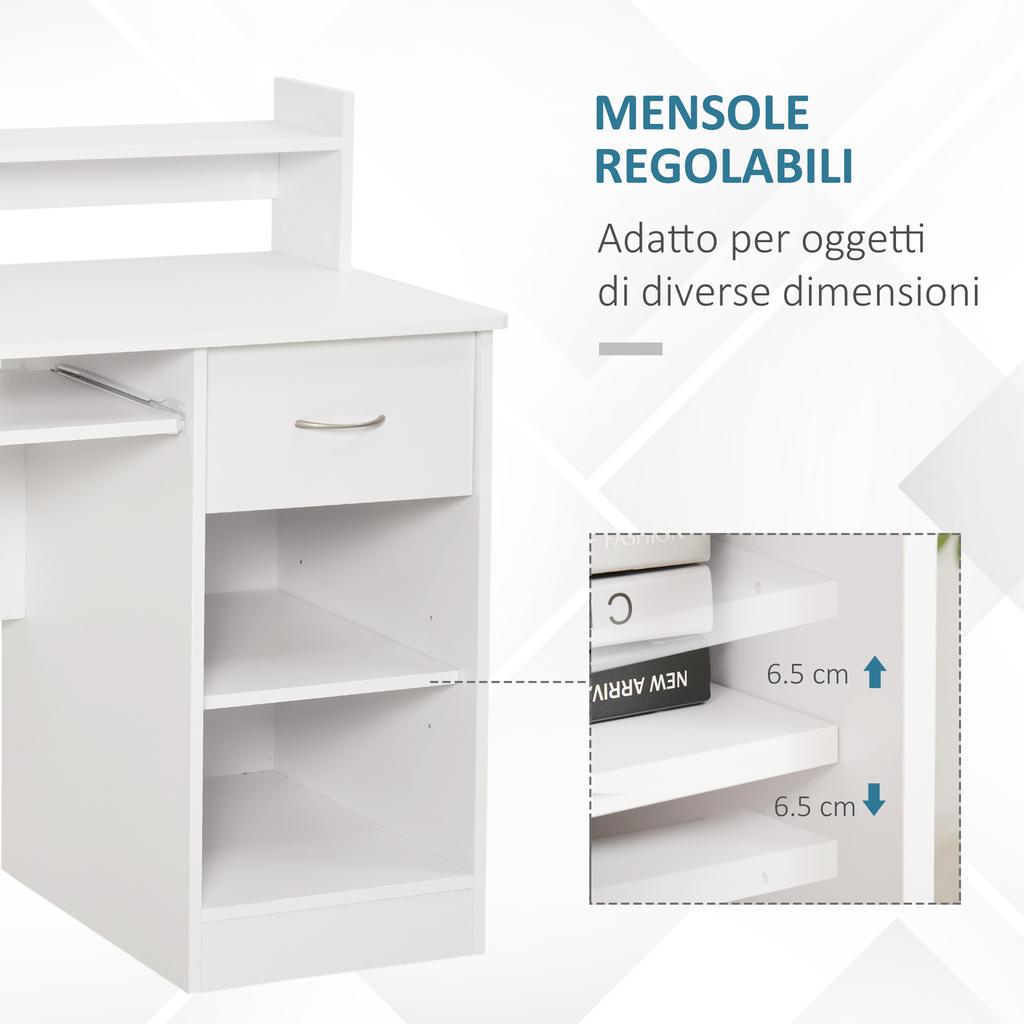 Kompakter Computertisch, Schreibtisch für Desktop-PC in Weißem Holz mit Ausziehbarer Tastaturablage und Regalen 104x48x95.5cm
