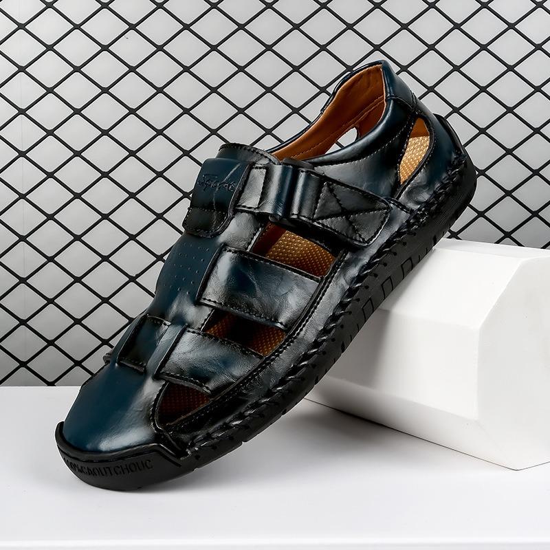 Popular leather cowhide stitched slippers men's summer new outdoor men's beach sandals men's trend