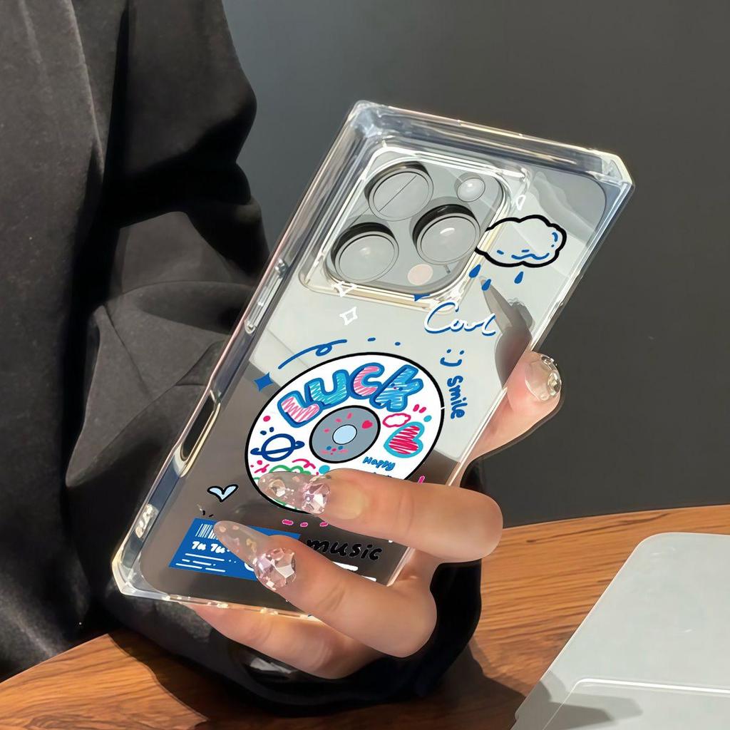 Quadratischer Rückenschutzhülle Transparent für iPhone 12 11 13 15 Plus 16 ProMax 14 Pro Max Anti-Sauerstoff, Englisches Schallplattenmuster Gehäuse