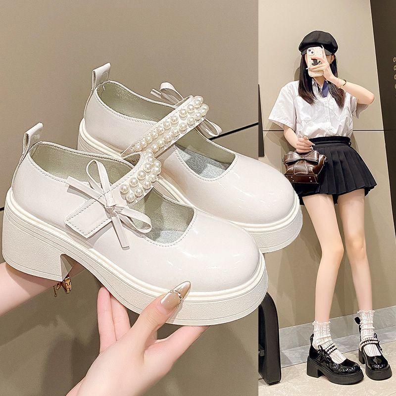 Romantic 2025 Women's French Fairy Style Pearl Decorated Mary Jane Shoes Thick Sole Leather Platform for Dresses