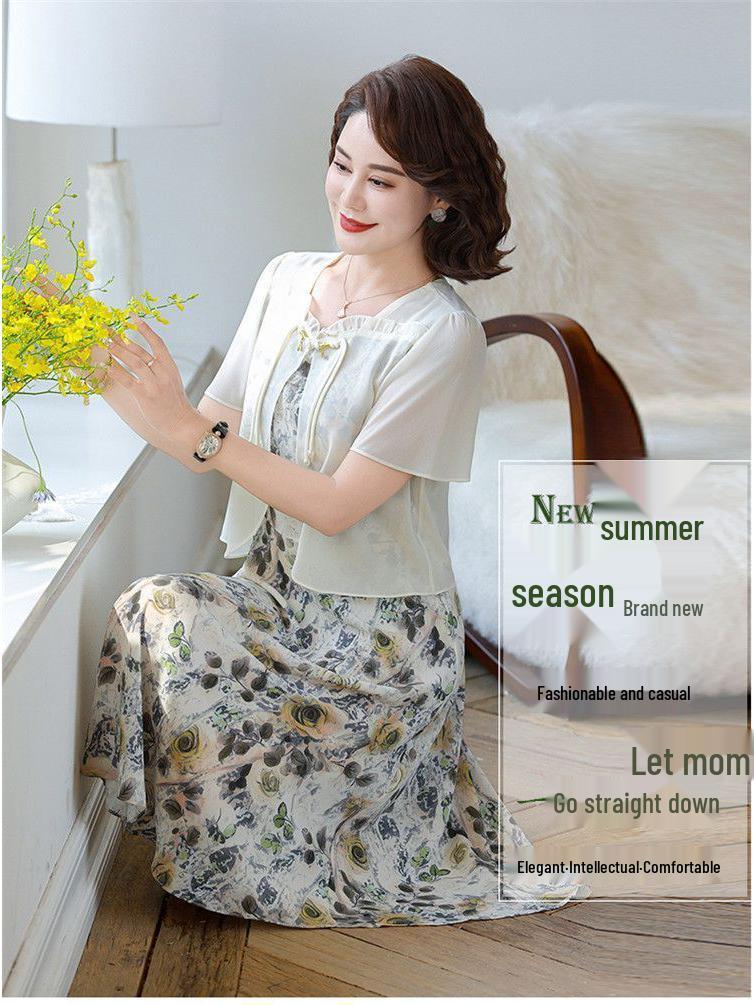 Elegant Summer Maternity Chiffon Two-Piece Dress - Slimming, Over-the-Knee, Short-Sleeved Skirt