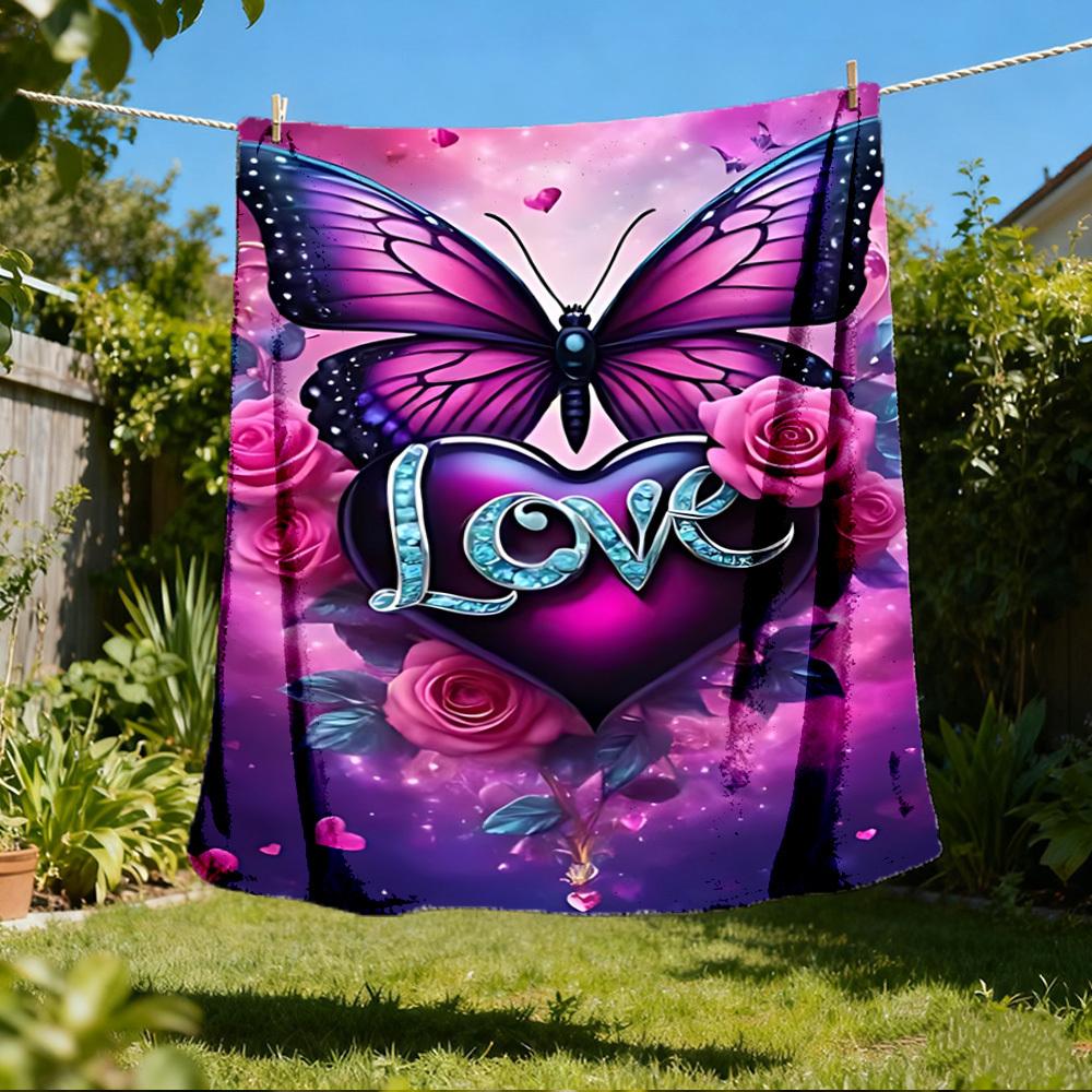1pc Butterfly Love Heart Roses Throw Blanket Polyester Fiber, Lightweight Flannel, Soft & Warm, All Season Use for Outdoor, Camping