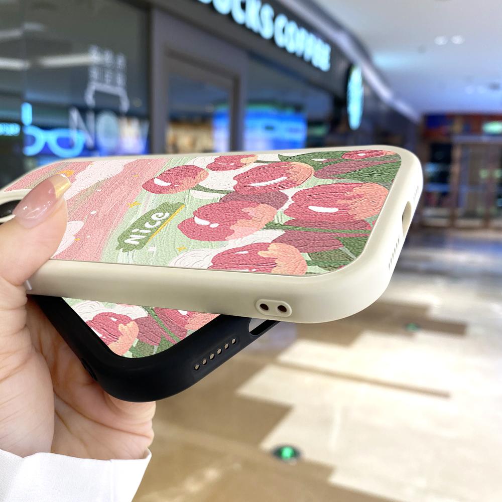 Slim Skin Feeling Cartoon Pink Flowers Soft Silicone PU Leather Cover Phone Case for iPhone Samsung Huawei Honor Xiaomi Redmi OPPO Realme Vivo