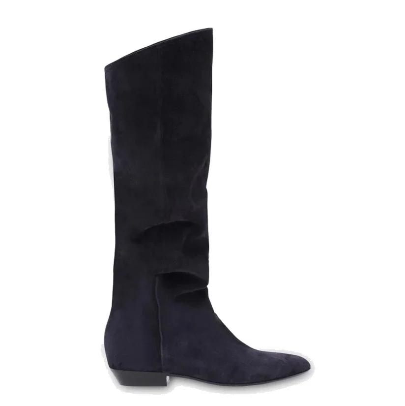 Fashion New Fashion Lazy Pleated Cow Suede Knee High Boots Autumn Winter Round Head Low-heel Short Plush Warm Women Long Boot Size 34-43