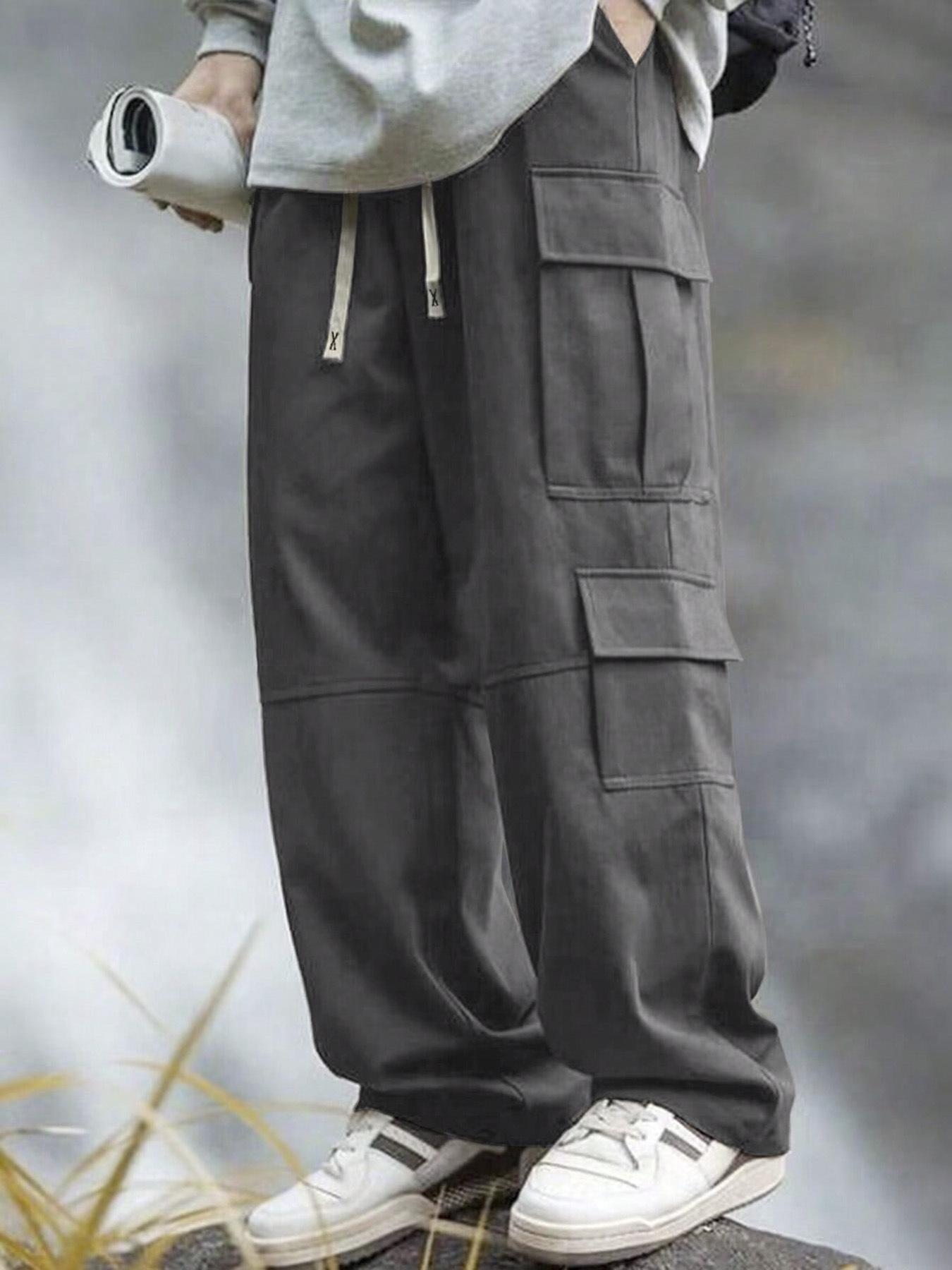 

Мужские повседневные брюки карго с кулиской на талии, многокарманные уличные брюки в цвете темно-сером XXL темно-серого
