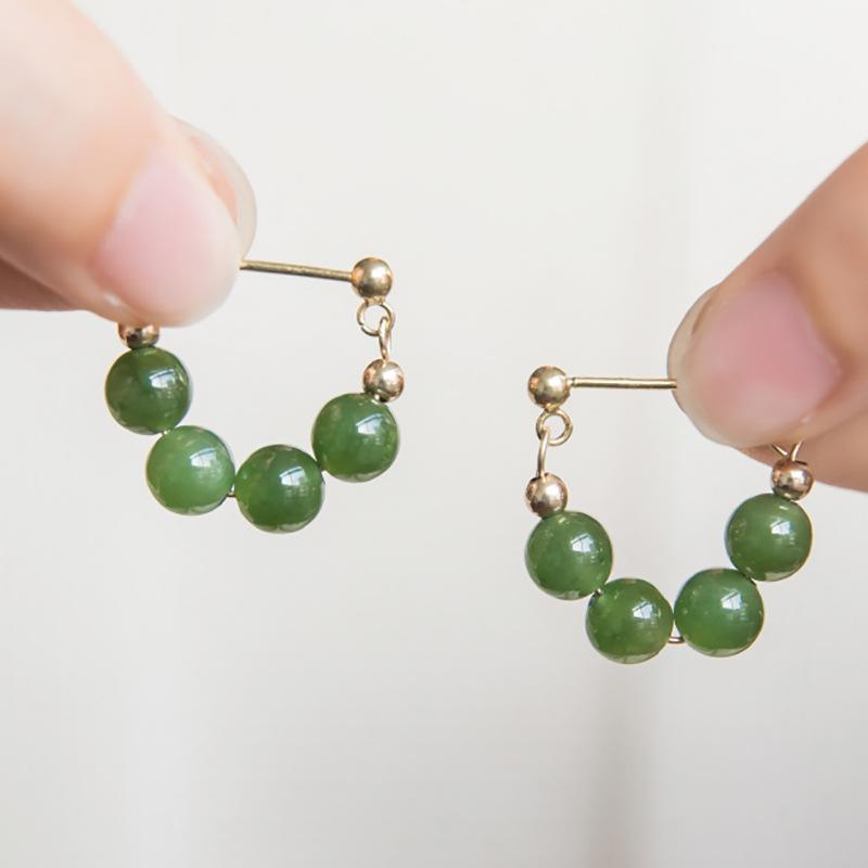 Hetian Jade & Sterling Silver Earrings - New Chinese Style Green Jade Studs for Autumn/Winter