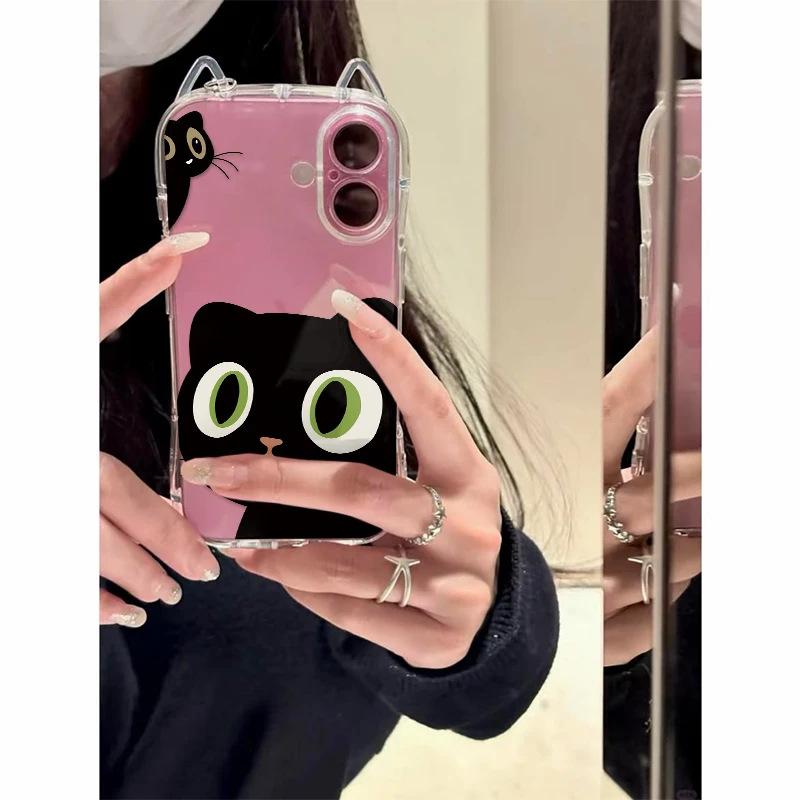 Cute Big-eyed Black Cat iPhone17Promax Mobile Phone Case Is Suitable for Apple Air Transparent 16/15 Women's 14 Anti-drop.