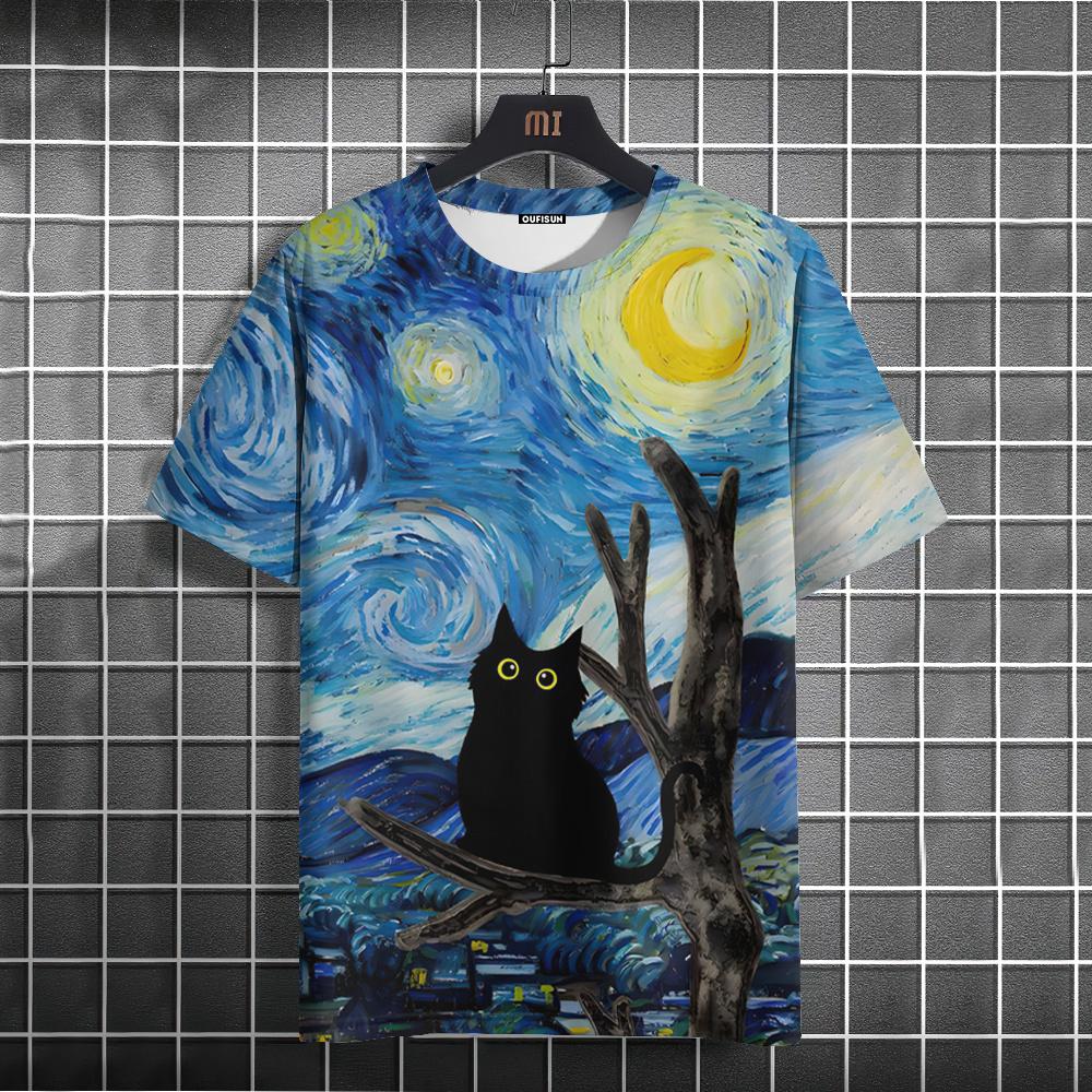 Oil Painting Cat Pattern T-shirt Short-sleeved Top