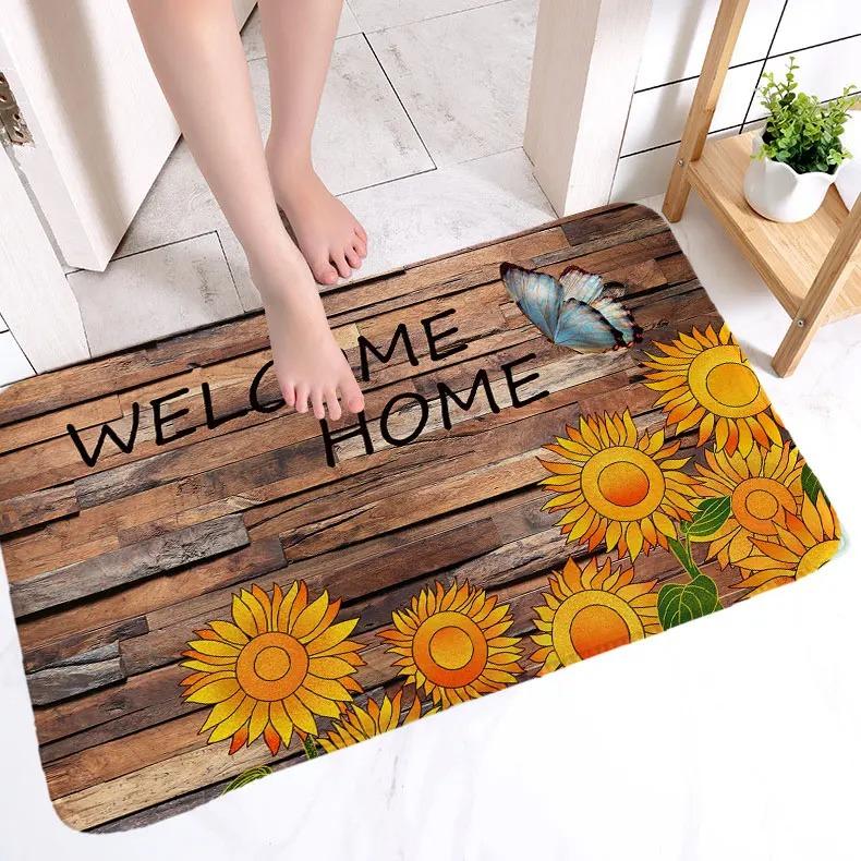 Sunflower Pattern Door Mat with Hello and Welcome Quotes, Natural Coir Rug, Non Slip Entrance Mat for Home Decor and Porch