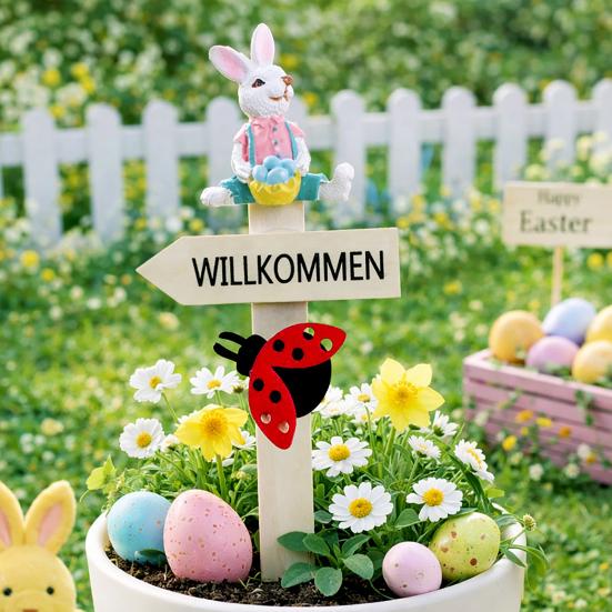 Easter Planter Stakes Wooden Porch Welcome Sign with Ladybug And Resin Bunny for Indoor Outdoor Yard Lawn Path Terrace Flower Pots Decor