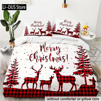 3-Piece Merry Christmas Plaid Reindeer Duvet Cover Set - Soft, Comfortable, And Cozy Bedding For Bedroom And Guest Room