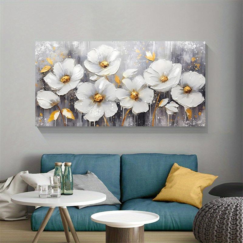 Abstract White Flower Oil Painting Printed On Canvas Golden Floral Flower Posters and Prints for Living Room Wall Decor Cuadros