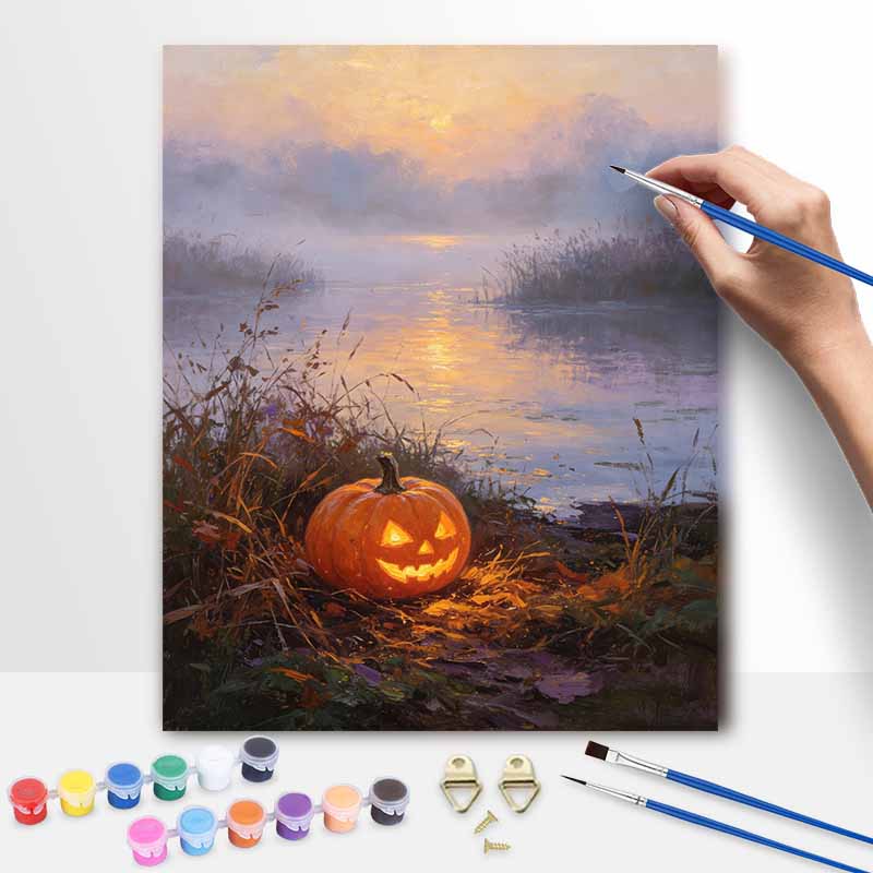 Halloween Pumpkin Sunset Lake Landscape Digital Oil Painting Coloring Painting Hand Painting Home Decoration