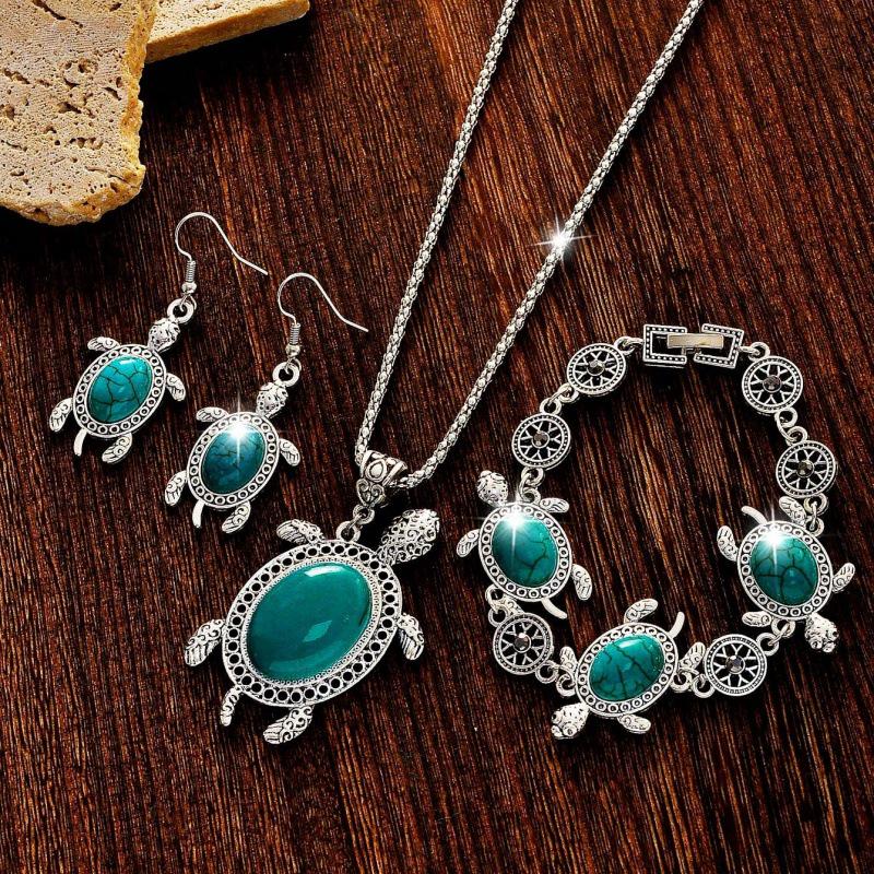 European & American Bohemian Turquoise Jewelry Set: Necklace, Earrings & Bracelet In Ethnic Style
