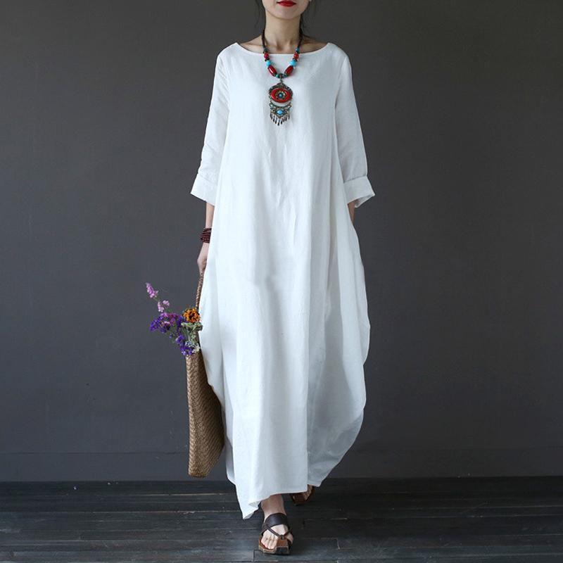 Stylish Women Boho Cotton Linen Loose Long Sleeve Maxi Beach Blouse Casual Dress For Effortless Elegance