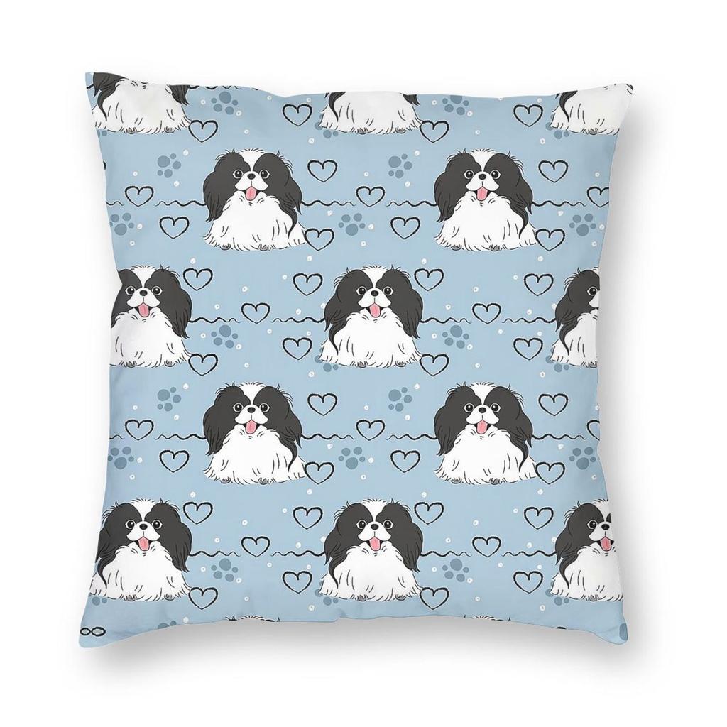 Black White Japanese Chin Pillowcase Polyester Linen Velvet Pattern Zip Decor Sofa Cushion Case x