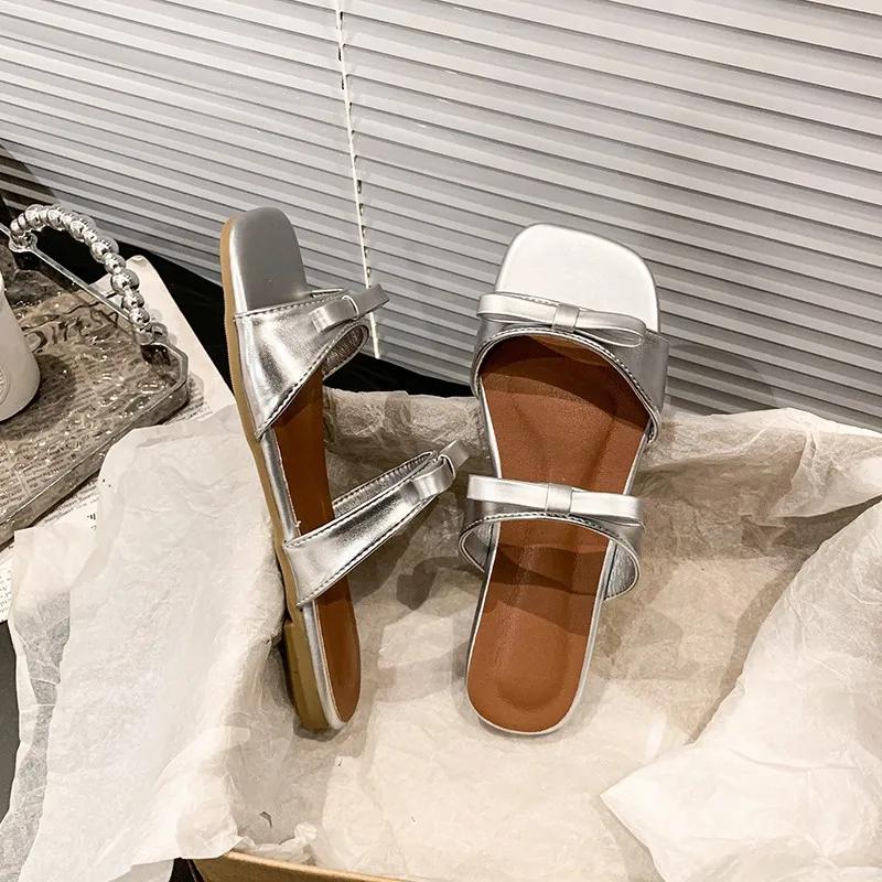 

Fashion Bow Flats Women Slippers Fashion Casual Shoes Summer Sandals 2025 Beach Flip Flops Walking New Trend Dress Mujer De Sandalias 40 серебряный