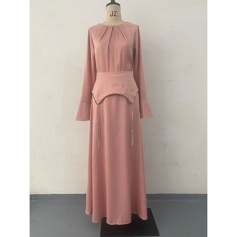 

European and American Autumn New Solid Long sleeve Chain Waist Hugging Dress Autumn Solid Color Dress Pink XXL