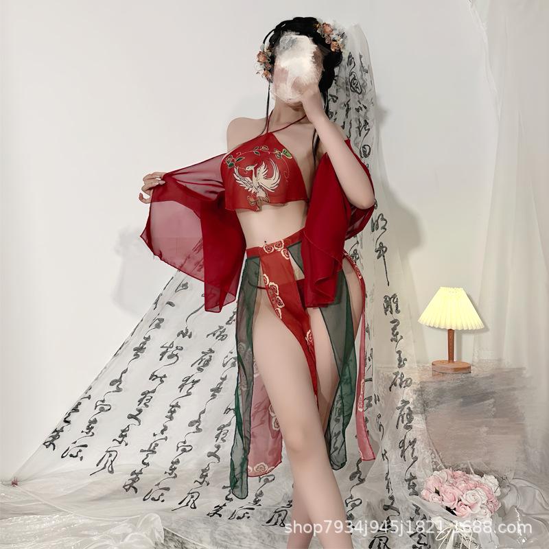 Elegant Ancient Court Style Lingerie Set with Hanfu Belly Band - Inspired by Dunhuang Flying Apsaras and Phoenix Motifs.