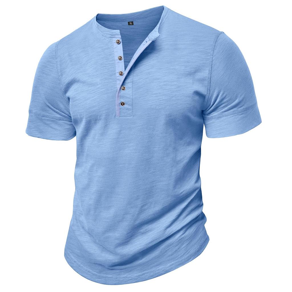 Men’s T-shirts Henley Collar Short Sleeves Cotton Polo Shirts Solid Color Casual Tops