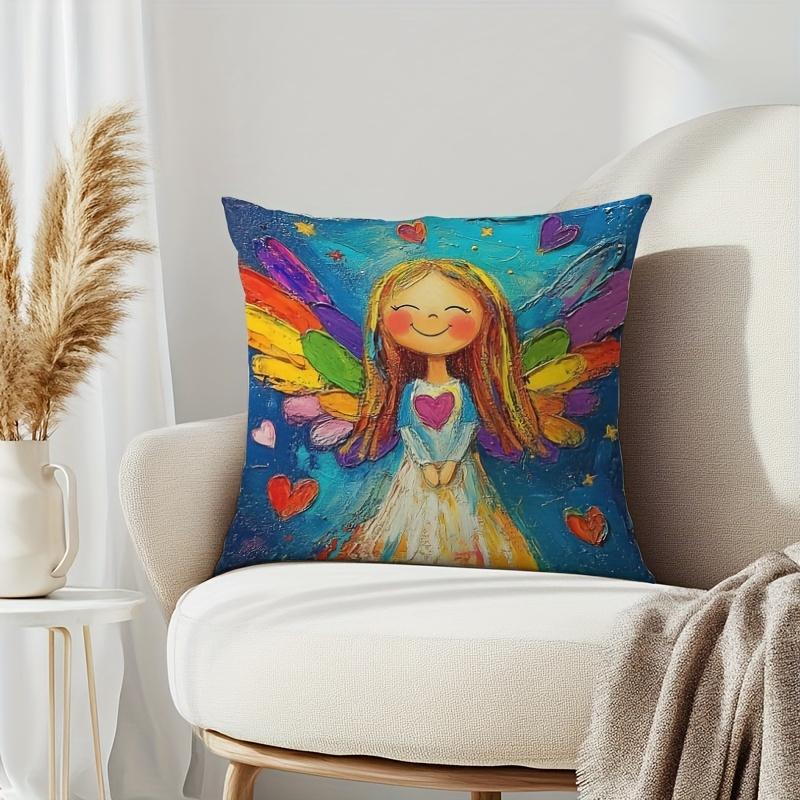 1Pc Oil Painting Style Rainbow Angel Girl Printed Throw Pillow Cover,Suitable For Sofa,Bedroom,Livingroom,Healing Gift For Girls
