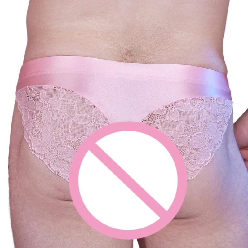 Satin Lace Splicing Briefs Men Crossdress Erotic Sissy Lingerie Breathable High Elasticity Panties Silky Smooth Shiny Underwear