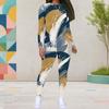 Women Plus Size Navy Blue Gold White Abstract Printed Round Neck Long Sleeve Top Fitted Pants Two Piece Set