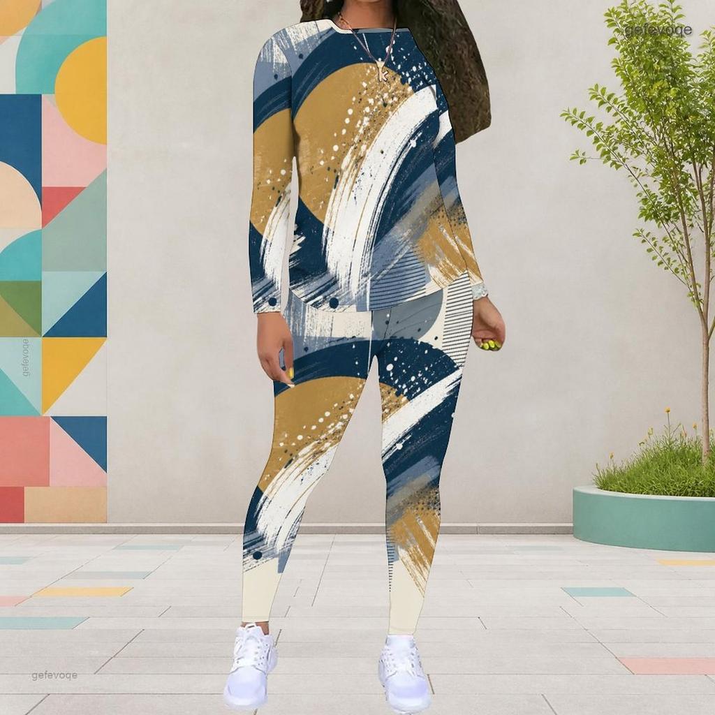 Women Plus Size Navy Blue Gold White Abstract Printed Round Neck Long Sleeve Top Fitted Pants Two Piece Set