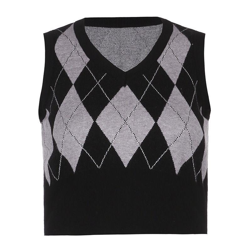 Holiday Autumn and Winter Personalized Fashion New Arrival Woolen Women's Clothing Sexy Plaid Color Contrast Short Sleeveless Vest Tops