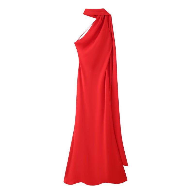 Elegant Off-Shoulder Backless Wrap Tie Neckline Maxi Dress Women 2025 Slim Fit High Waist TR Fabric