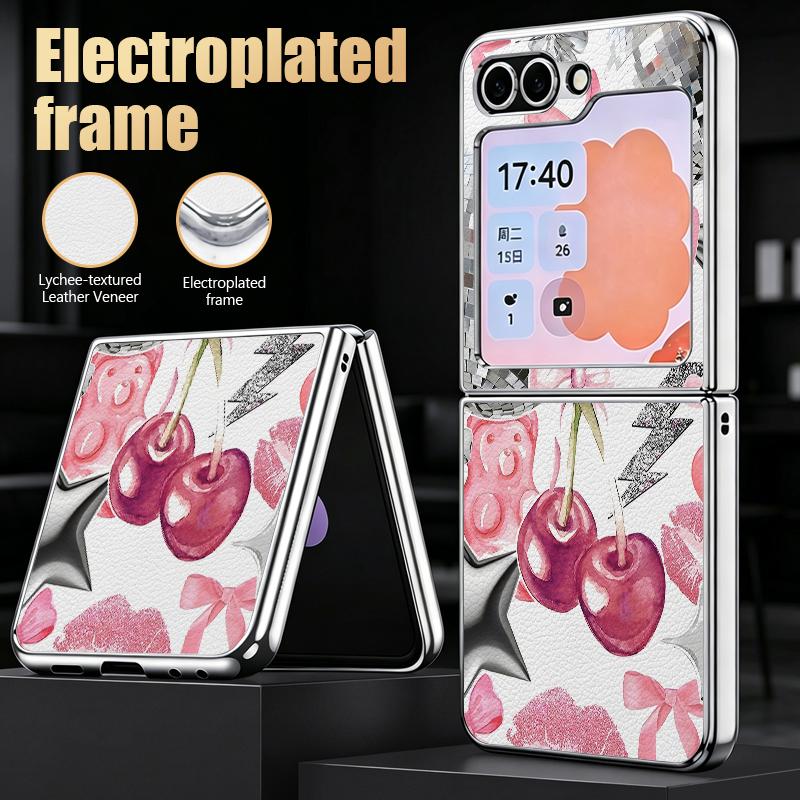 Polka Dot Cherry Print Case For Samsung Z Flip 8 7 6 5 Luxury Plating Leather Skin Folding Phone Cover For Galaxy Z Flip8 Flip7 Flip6