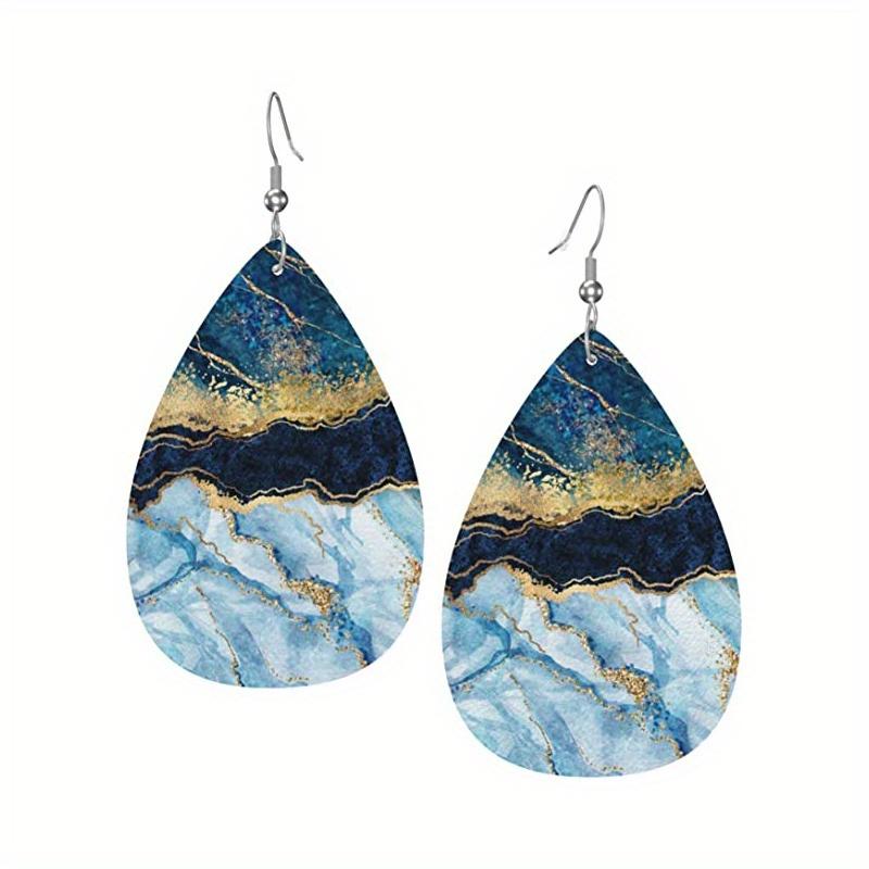 Creative Marble Pattern PU Leather Earrings for Women Abstract Beach Ocean Pattern Tears Earrings Double-sided Pattern Design Lightweight Earrings