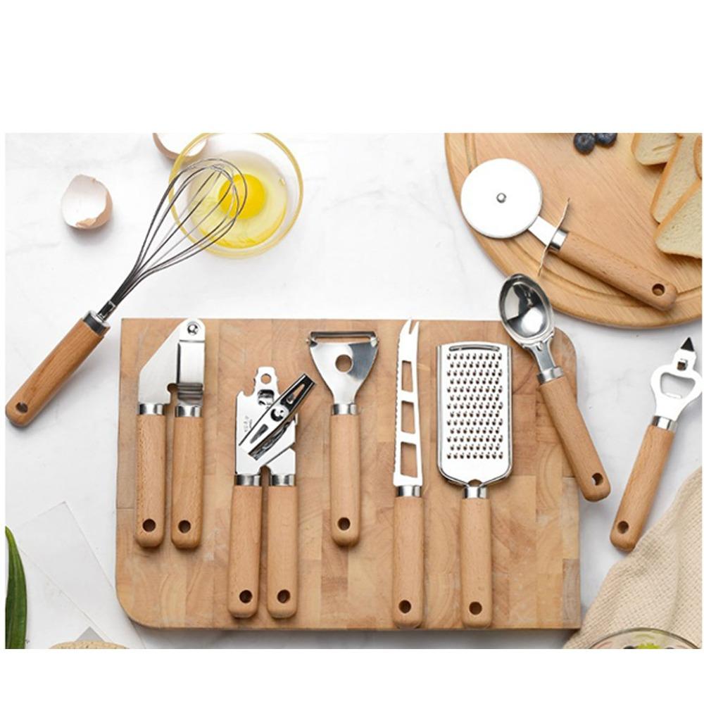 9 PCS Silver Wooden Color Kitchen Utensil Set Stainless Steel Kitchen Gadget Set  Baking Cooking