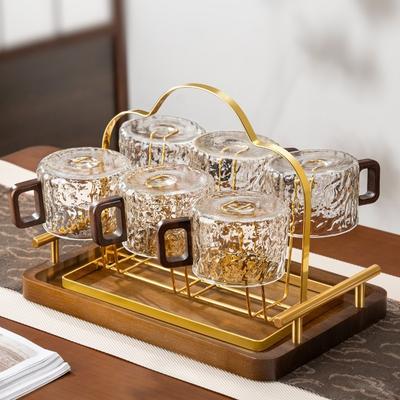 Stylish Glacier Pattern Glass Tea Cups High Temperature Resistant Wooden Handle Coffee Cups Luxury Latte Art Cups Office