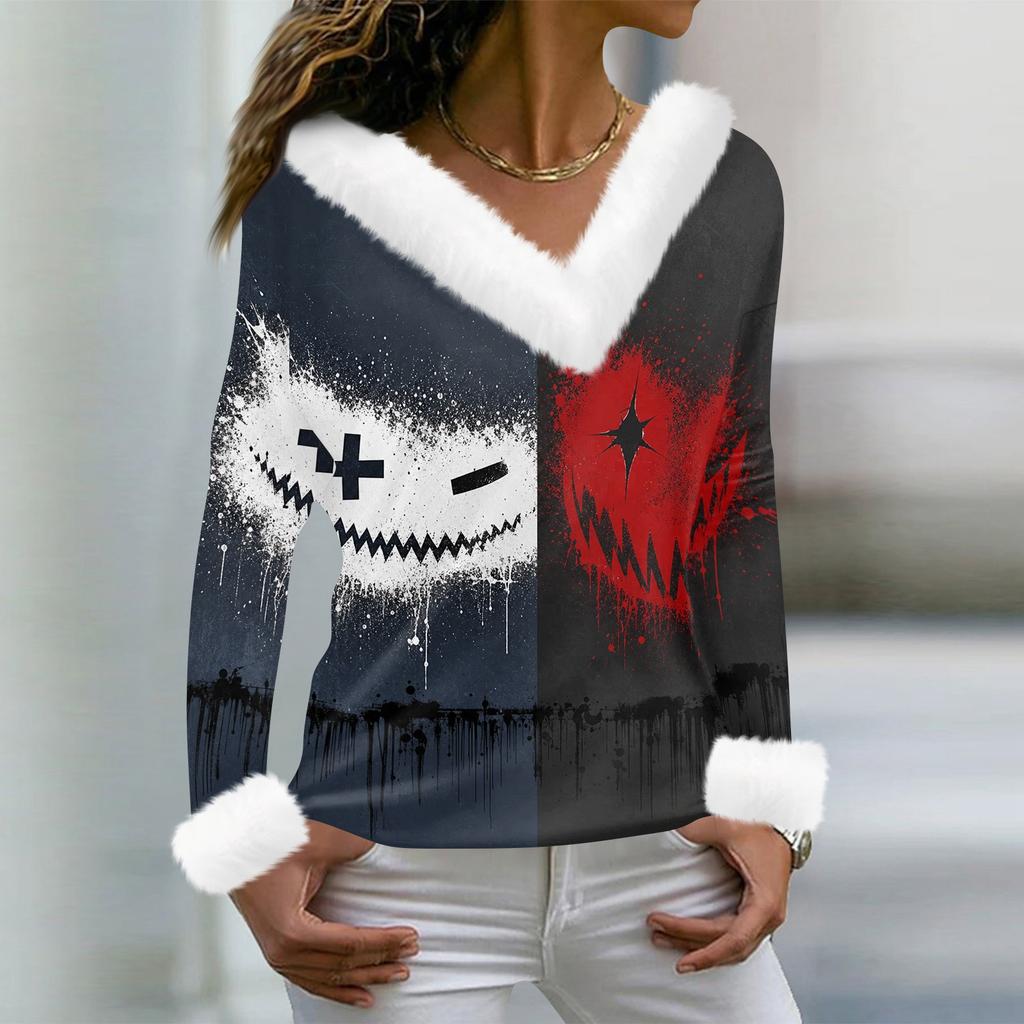 Women's Casual Long Sleeve V-Neck Halloween Print Top with Collar for Fall