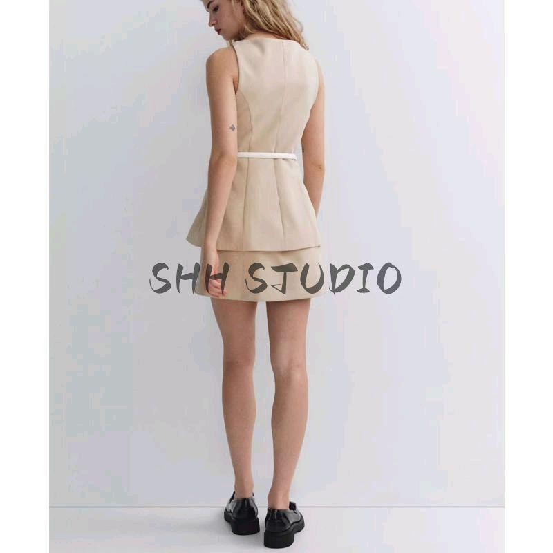 Spring New Women's Clothing American Commute Style with Belt Two-piece Set Short Sleeveless Dress 3152308