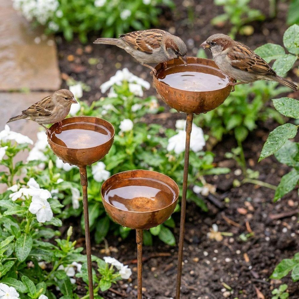 3-Tier Bowl Metal Bird Bath Long Stem Rusty Bird Feeder Retro Rain Catcher  Lawn Decor