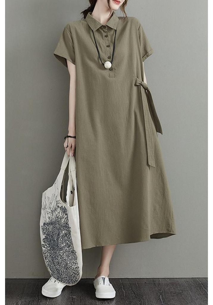 Japanese Style Cotton-Linen Lapel Pocket Dress for Women