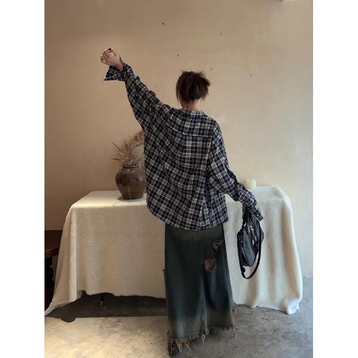 2024 Plaid Long Sleeve Shirt Japanese Hong Kong Style Ins Loose Shirt Boys Summer Trendy Versatile Casual Coat