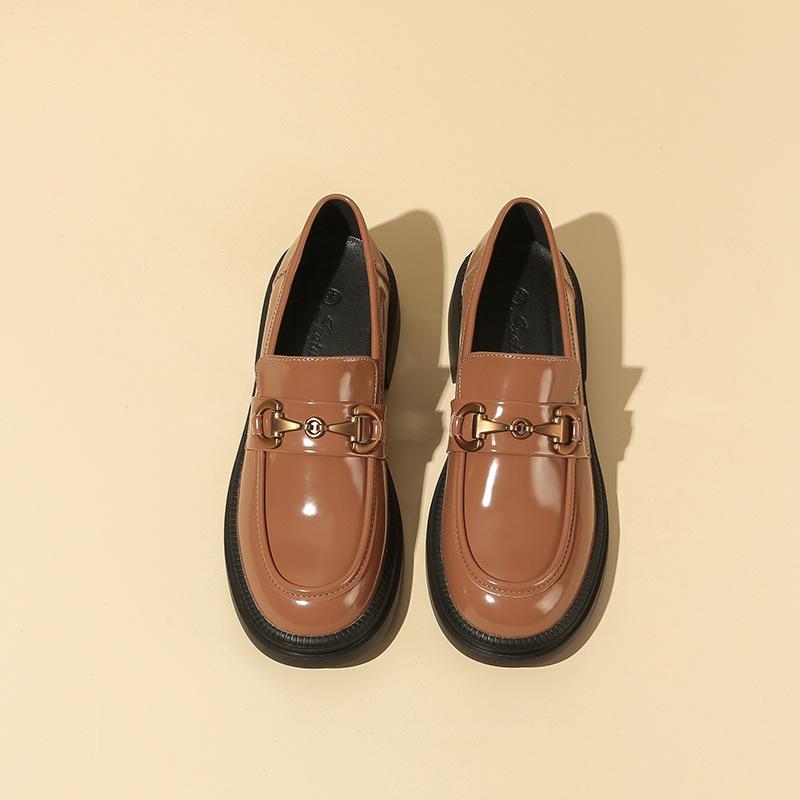 Mocasini din piele lacuita Pantofi unici cu slip-on Piele Femei Fund gros Anti-alunecare Varf rotund Anglia