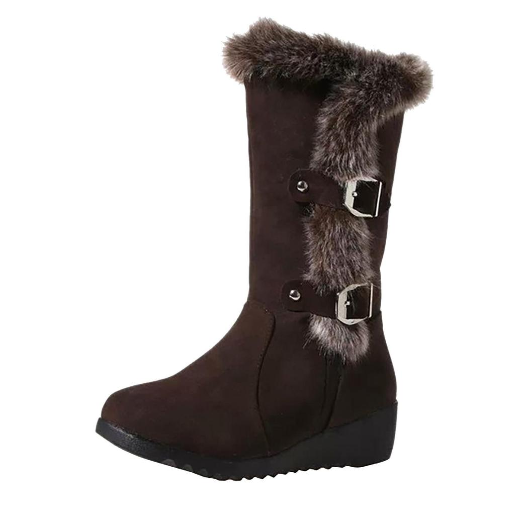 Damen Schneestiefel Warme Plüschstiefel Slope Heel Gürtelschnalle Mittelstiefel