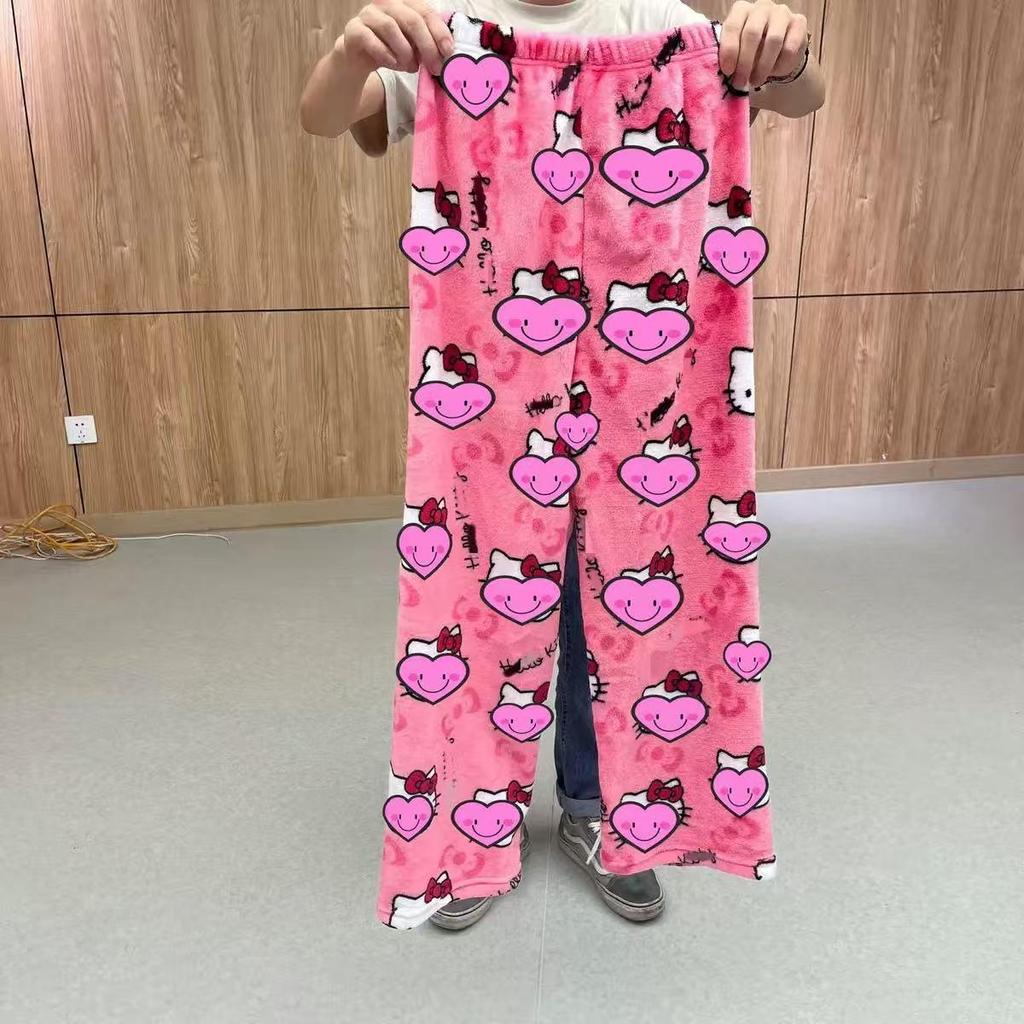 Damen Hello Kitty Halloween Flanell Schlafhose - Dick, gemütlich und mit Samt gefüttert für Herbst und Winter