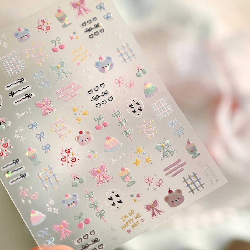 5D Pink Blue Bear Dessert Cake Pudding Candy Cane English Slogan Nail Art Stickers Cute Baby Bear Party Embossed Decals