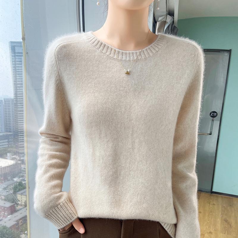 Women's Genuine Cashmere Seven-Gauge Thick Saddle Shoulder Round Neck Loose Solid Color Knit Sweater Base Layer