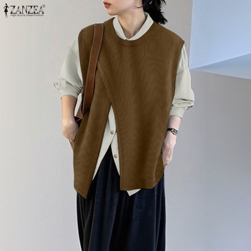 ZANZEA Women Casual Turn Down Collar Patchwork Loose Long Sleeve Blouse